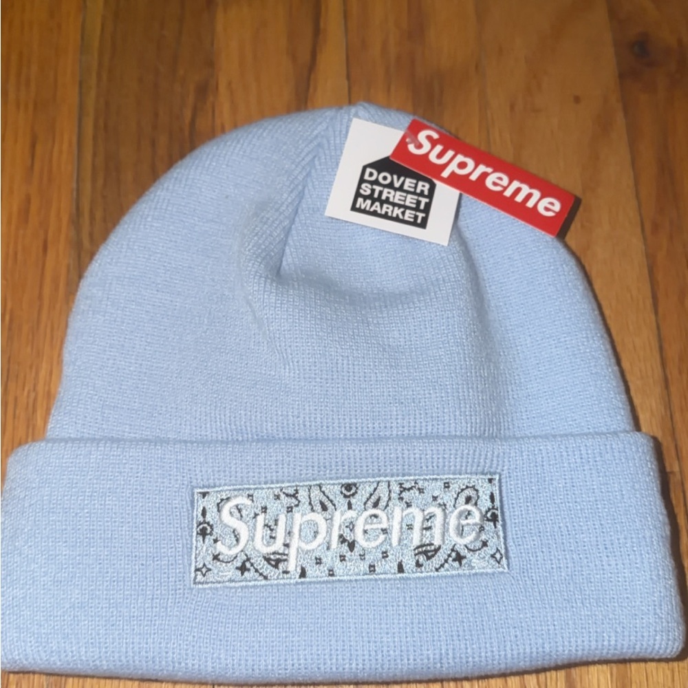 Supreme Light Blue Beanie with Embroidered Logo